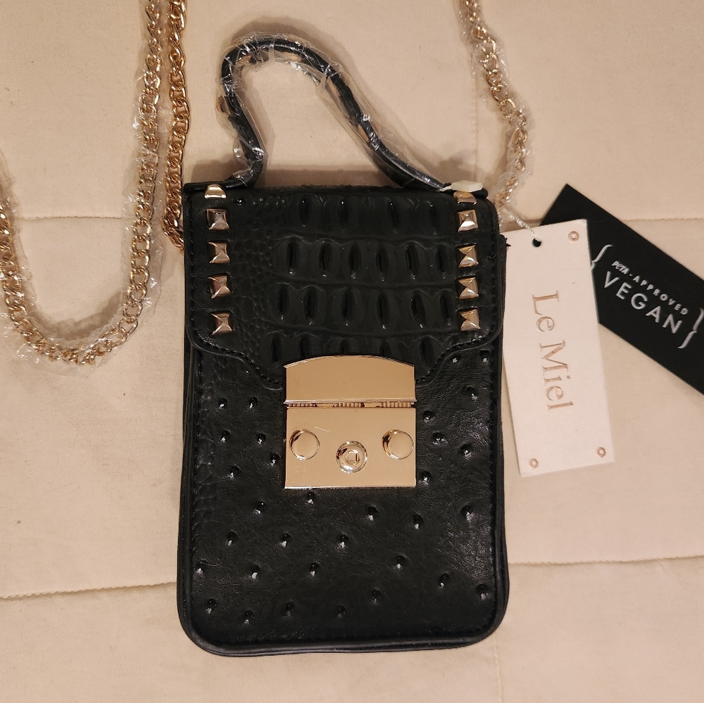 Le Miel Handbag, Crossbody Black Vegan Leather Croc Ostrich Embossed Studded NWT